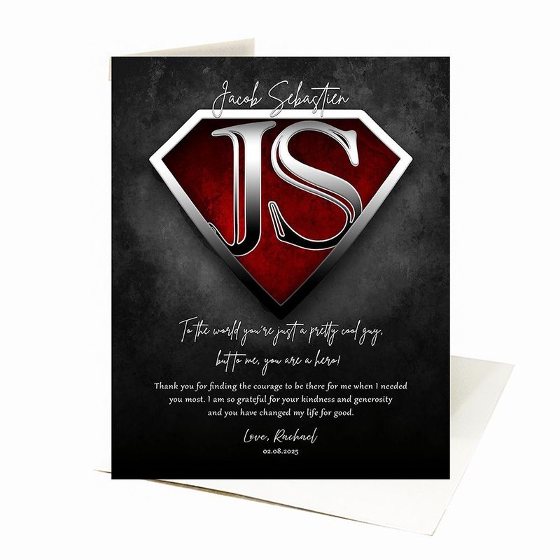 #1 Best Seller - Super Hero Initials in Shield Gratitude Card Gift for Hero C-2145