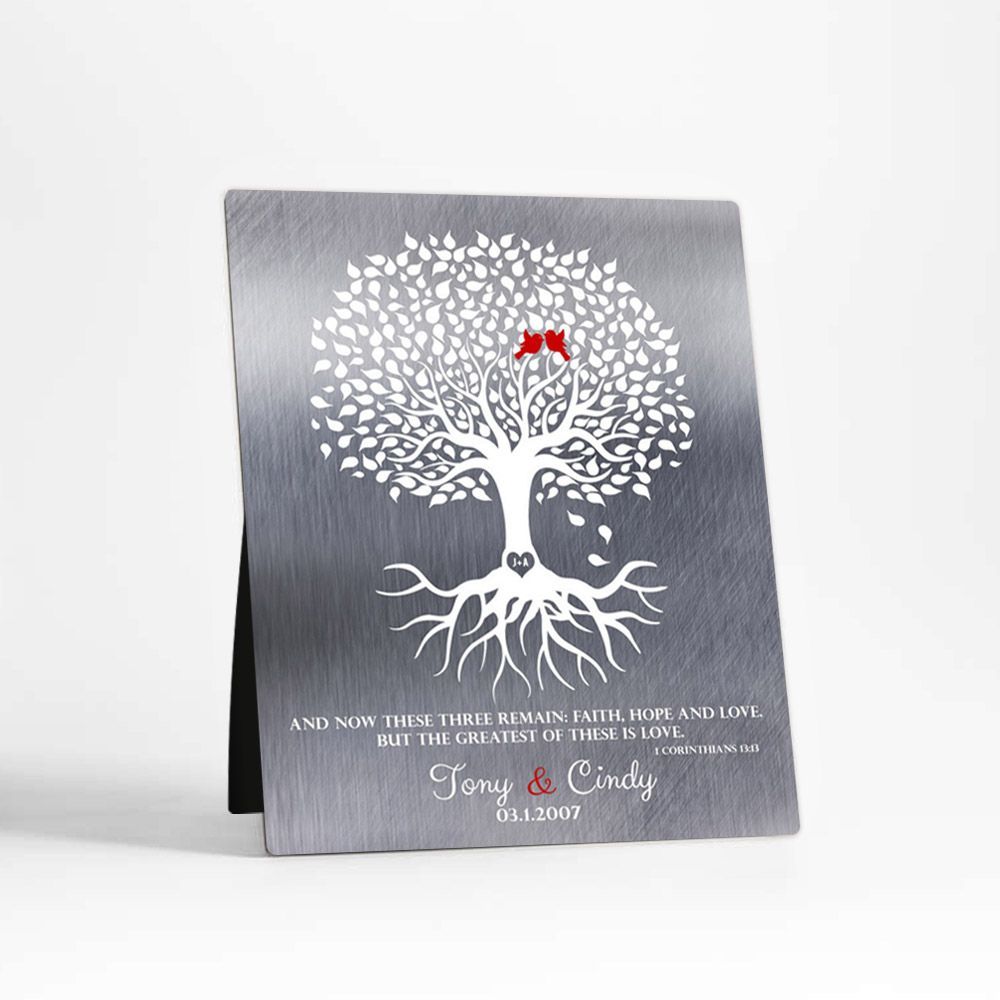 #1 Best Seller - Tin White Rooted Tree 10th Anniversary Desktop Plaque Gift for Couple D-1216