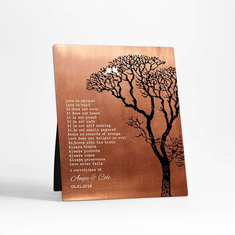 #1 Best Seller - Copper Bare Tree 7th Anniversary Desktop Plaque Gift for Couple D-1296