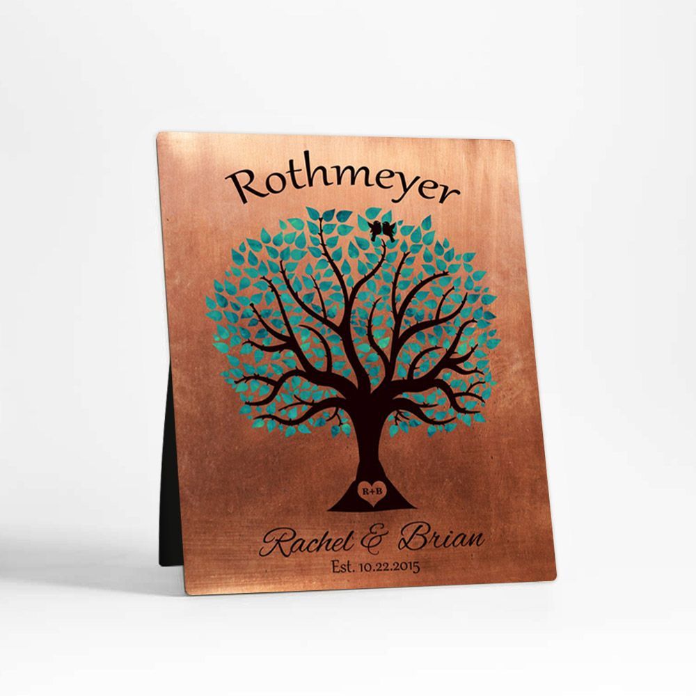 Copper Turquoise Silhouette Tree 7th Anniversary Desktop Plaque Gift for Couple D-1377