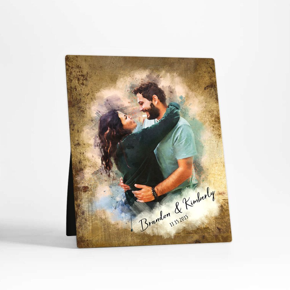Brass Watercolor Portrait 8th Anniversary Desktop Plaque Gift for Couple D-1848