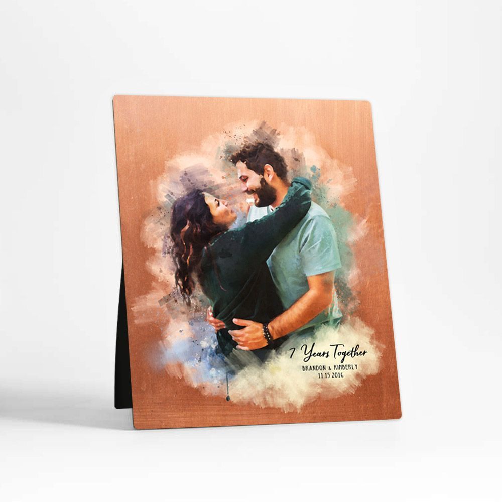 #1 Best Seller - Copper Watercolor Portrait 7th Anniversary Desktop Plaque Gift for Couple D-1837