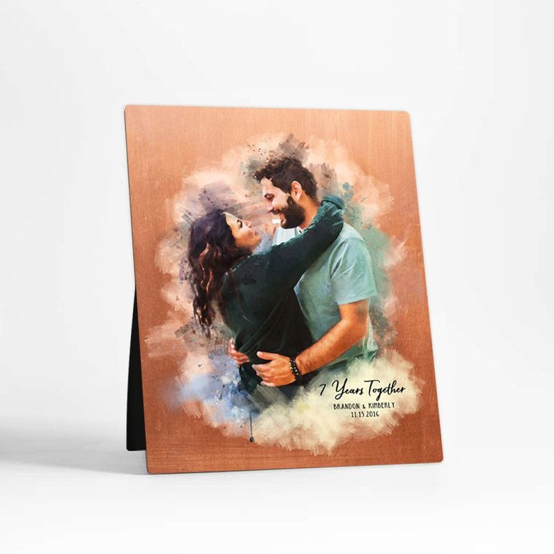 #1 Best Seller - Copper Watercolor Portrait 7th Anniversary Desktop Plaque Gift for Couple D-1837