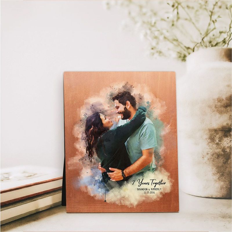 #1 Best Seller - Copper Watercolor Portrait 7th Anniversary Desktop Plaque Gift for Couple D-1837