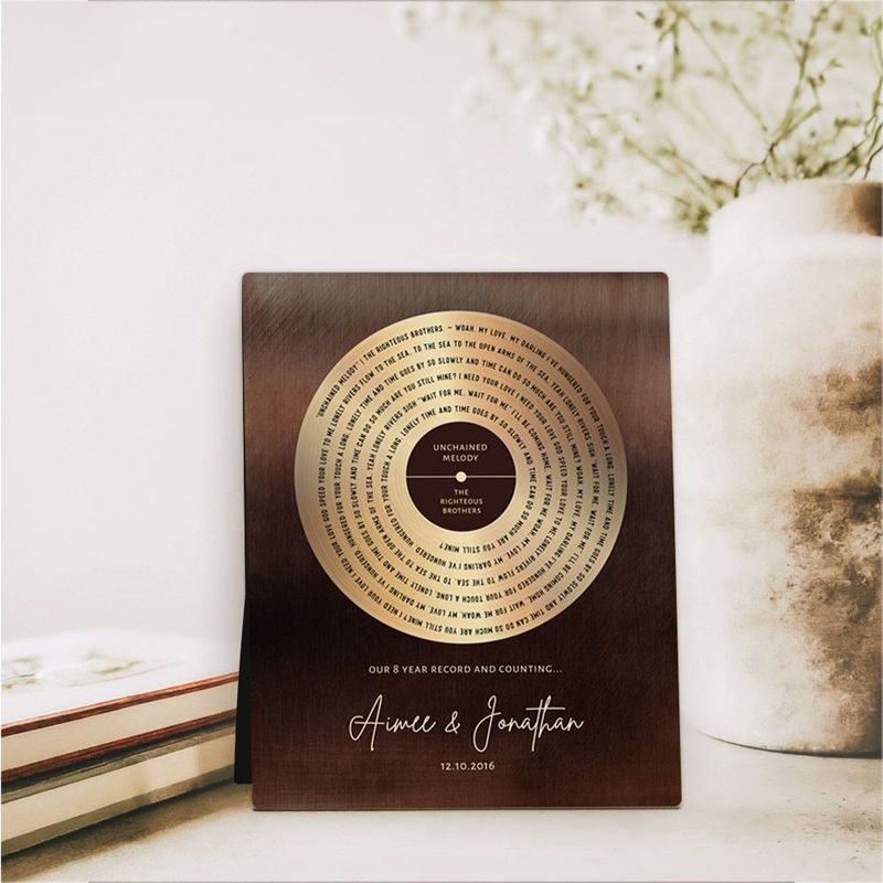 #1 Best Seller - Bronze Our Song Lyrics Record Label 8th Anniversary Desktop Plaque Gift for Couple D-1588