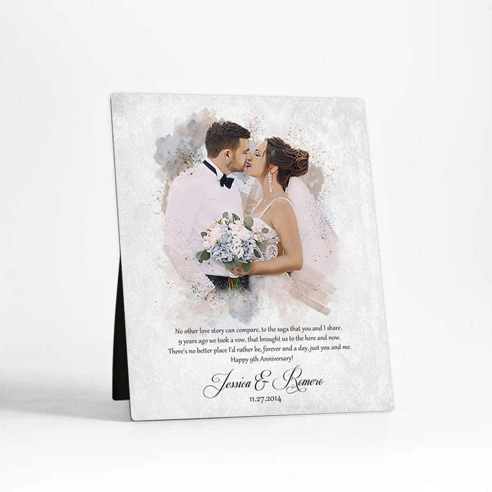 Cotton Watercolor Portrait 9th Anniversary Desktop Plaque Gift for Couple D-1853