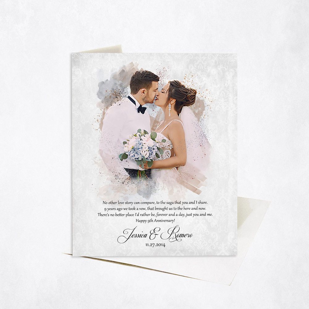Cotton Watercolor Portrait 9th Anniversary Card Gift for Couple C-1853
