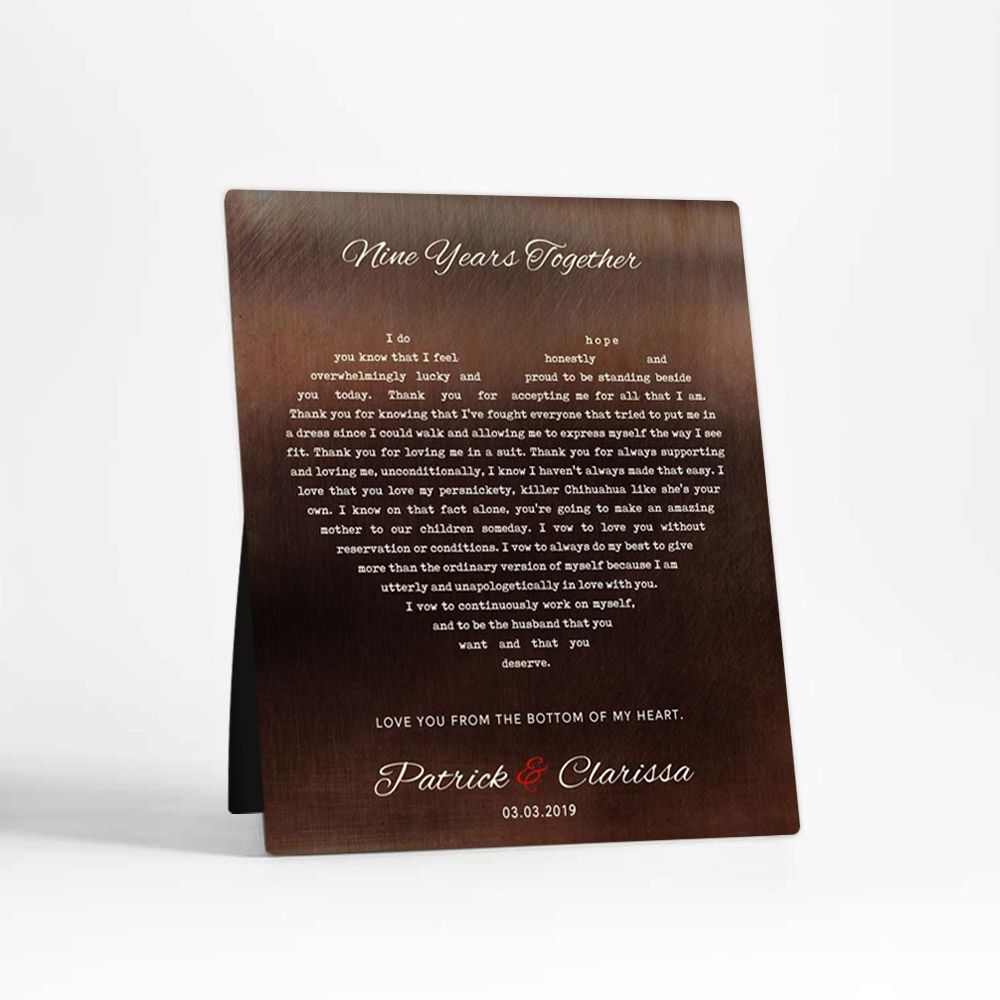 Bronze Heart Shape Song Lyrics 9th Anniversary Desktop Plaque Gift for Couple D-1787