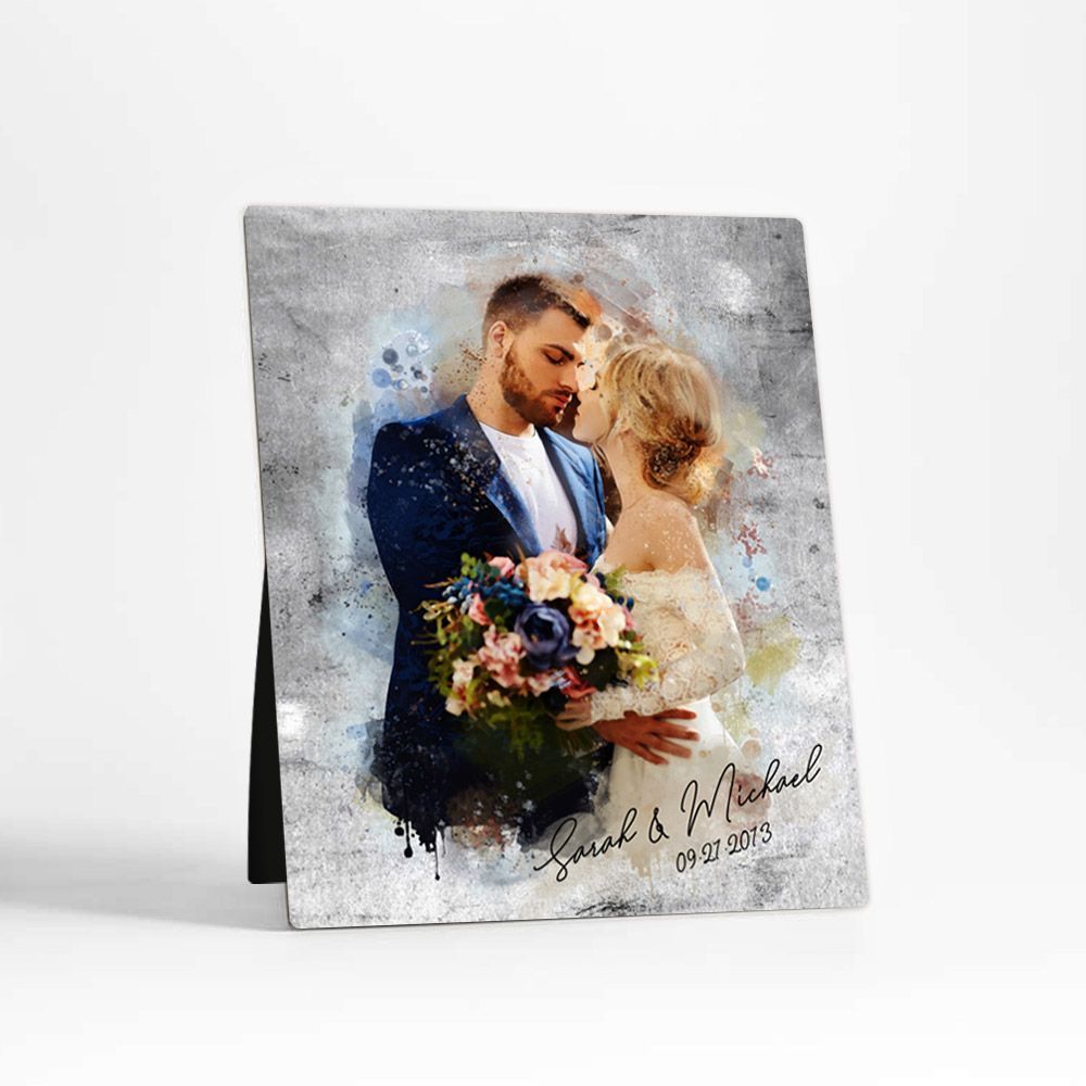 Tin Watercolor Portrait 10th Anniversary Desktop Plaque Gift for Couple D-1846