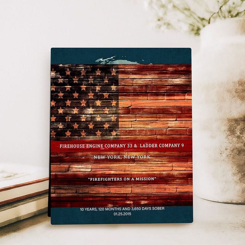 Tin Thin Red Line American Flag Recognition Desktop Plaque Gift for Fire Fighters D-2112