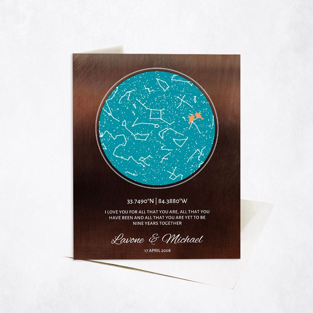 Bronze Star Map 9th Anniversary Card Gift for Couple C-1745
