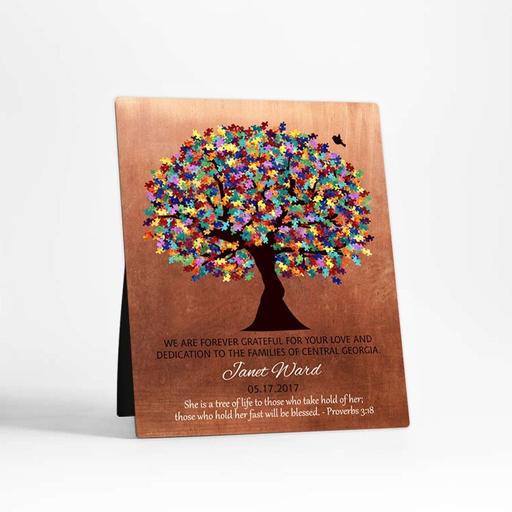 Copper Autism Puzzle Leaf Tree Teacher Appreciation Desktop Plaque Gift for Educator D-1497