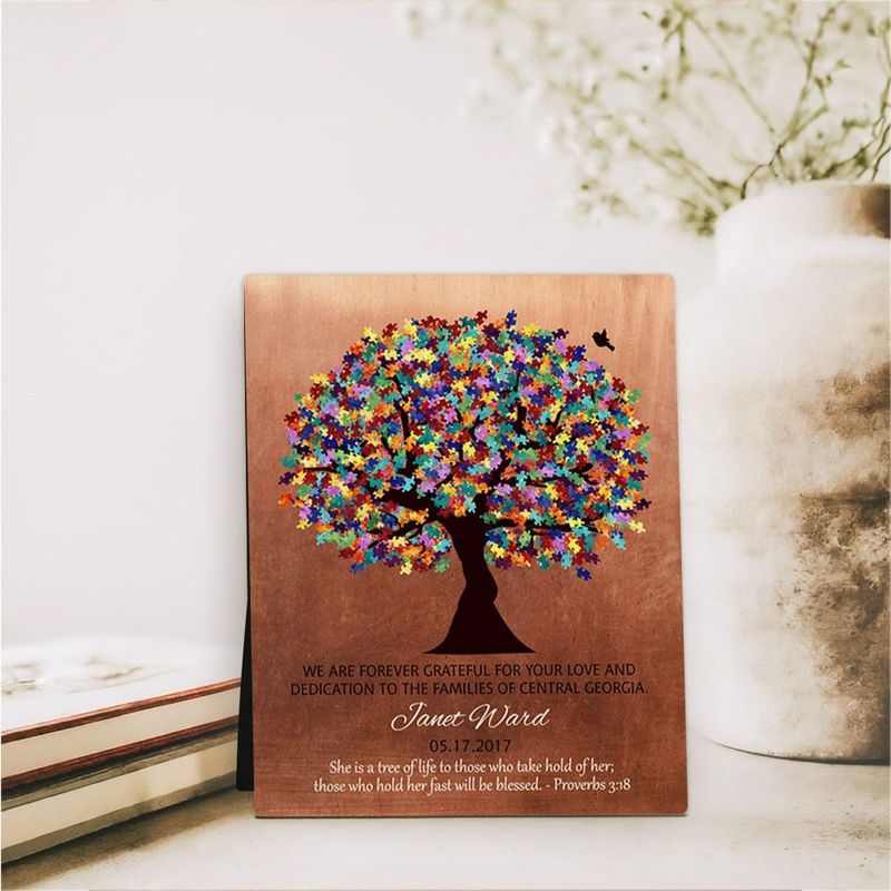 Copper Autism Puzzle Leaf Tree Teacher Appreciation Desktop Plaque Gift for Educator D-1497