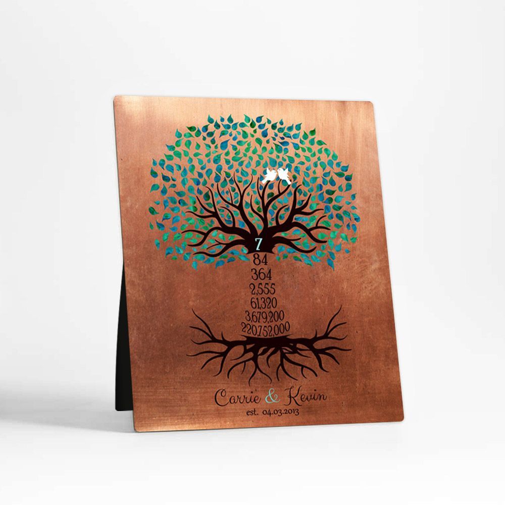 Copper Turquoise Countdown Tree 7th Anniversary Desktop Plaque Gift for Couple D-1436