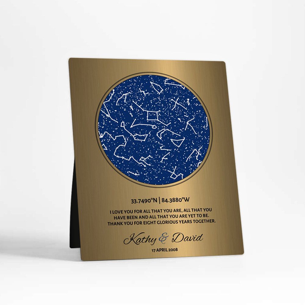 Brass Star Map 8th Anniversary Desktop Plaque Gift for Couple D-1742