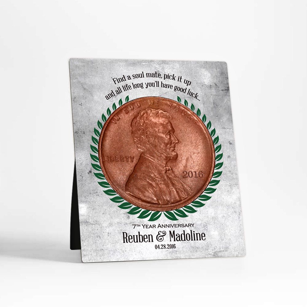 Tarnished Tin, Copper Penny Coin 7th Anniversary Desktop Plaque Gift for Couple D-1912