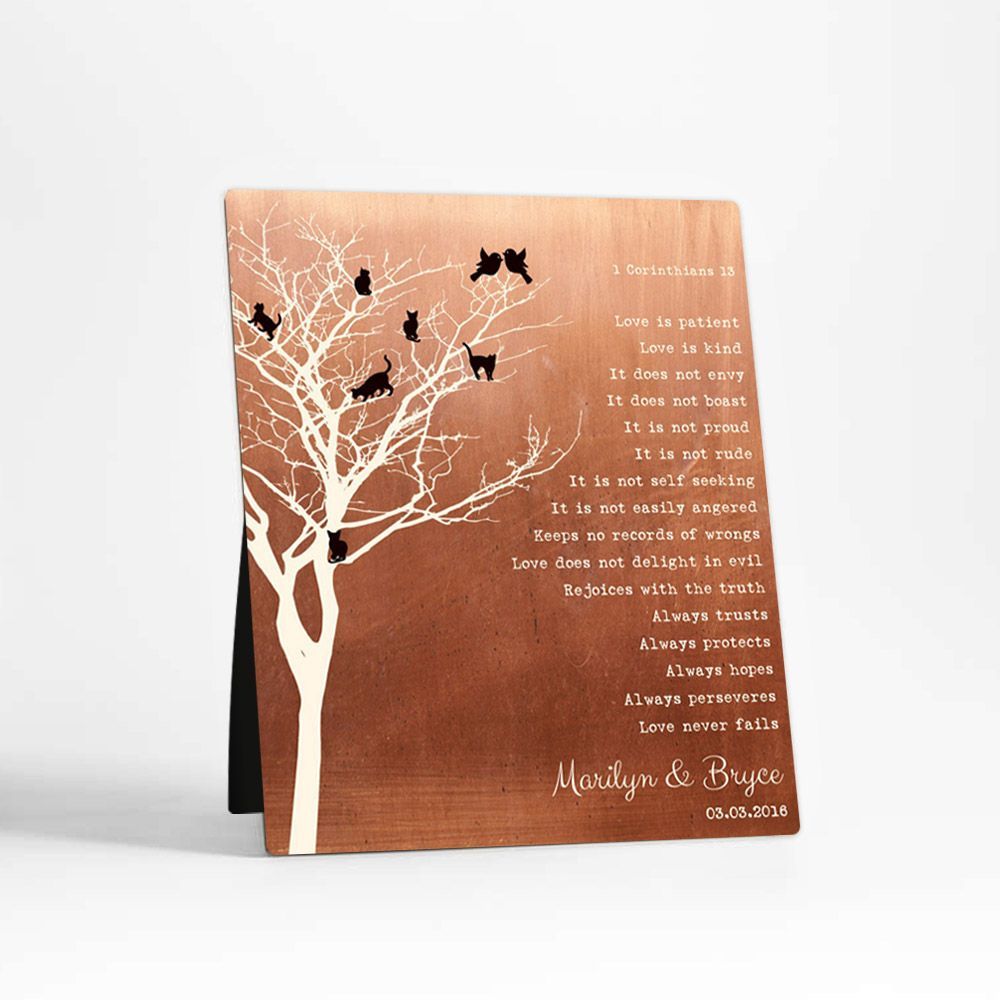 Copper Branchy Tree with Cats 7th Anniversary Desktop Plaque Gift for Couple D-1417