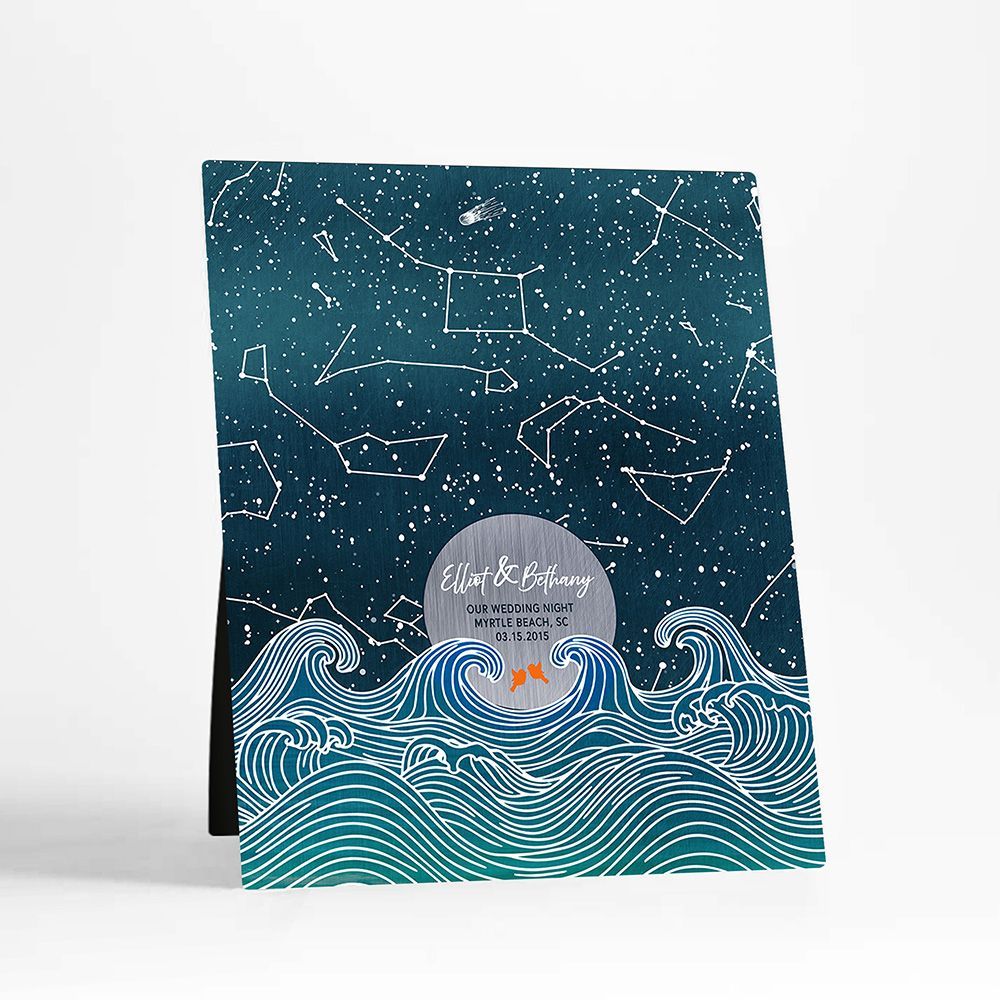 #1 Best Seller - Star Map Over Beach Ocean Waves Anniversary Desktop Plaque Gift for Couple D-2171