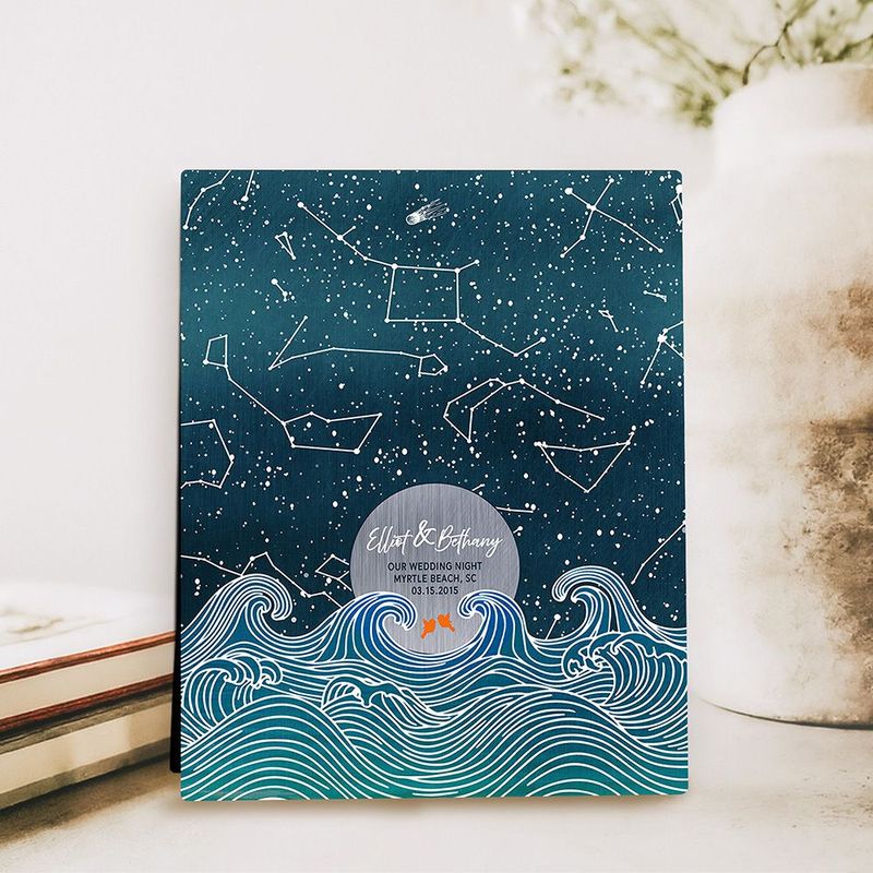 #1 Best Seller - Star Map Over Beach Ocean Waves Anniversary Desktop Plaque Gift for Couple D-2171