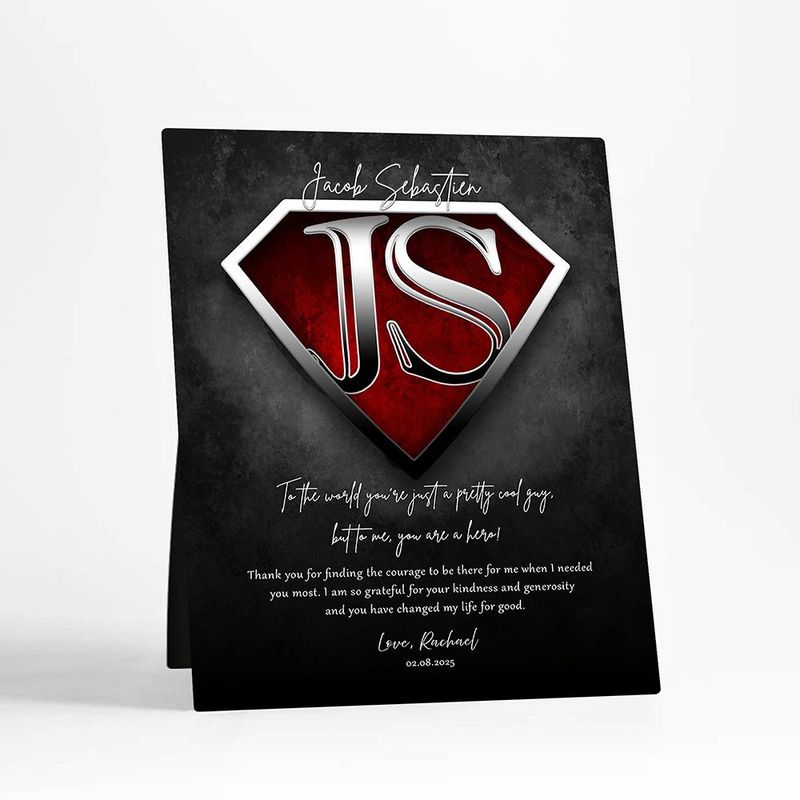 #1 Best Seller - Super Hero Initials in Shield Gratitude Desktop Plaque Gift for Hero D-2145