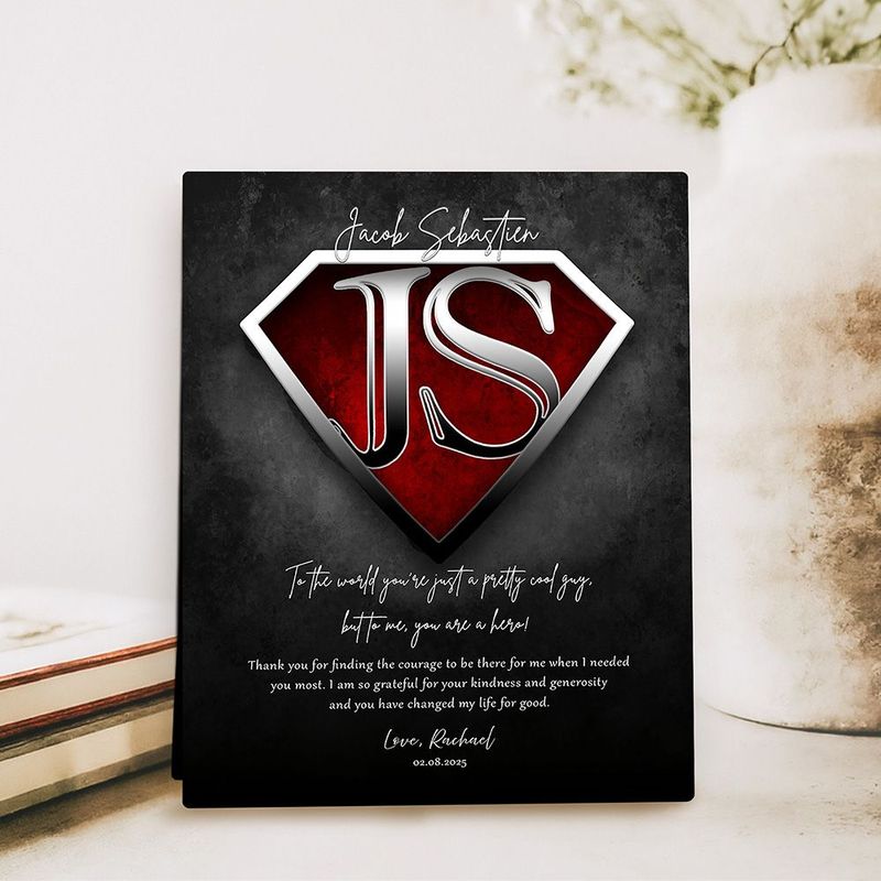 #1 Best Seller - Super Hero Initials in Shield Gratitude Desktop Plaque Gift for Hero D-2145