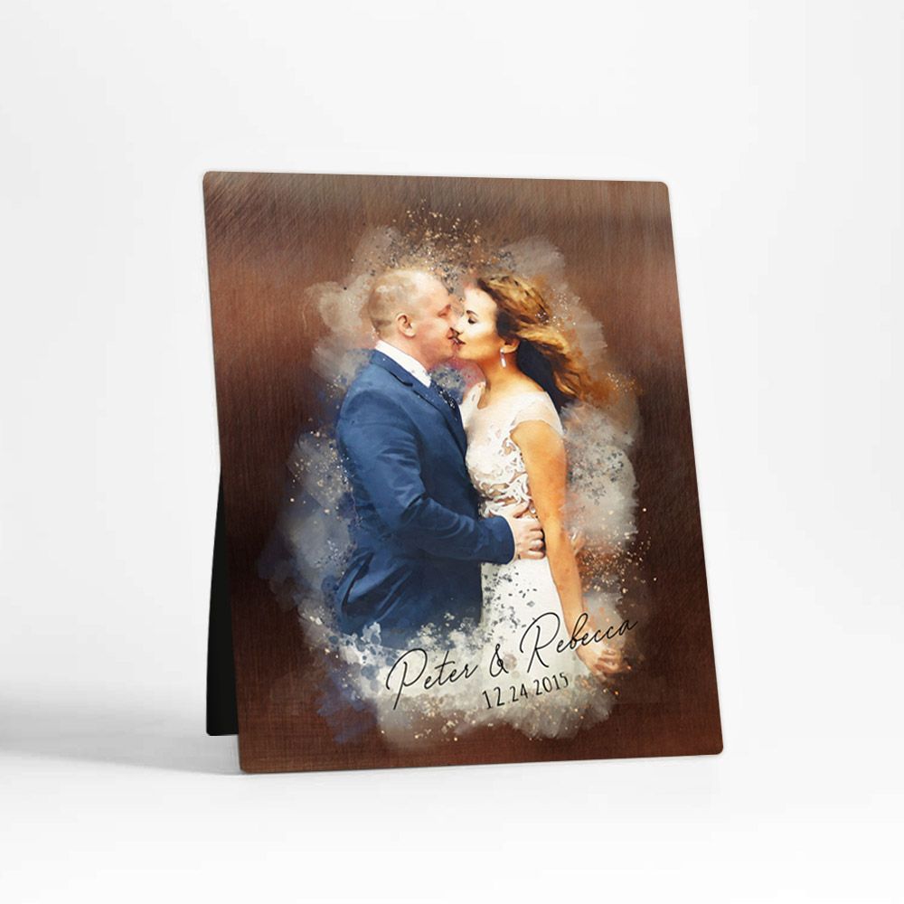 Bronze Watercolor Portrait 8th Anniversary Desktop Plaque Gift for Couple D-1845