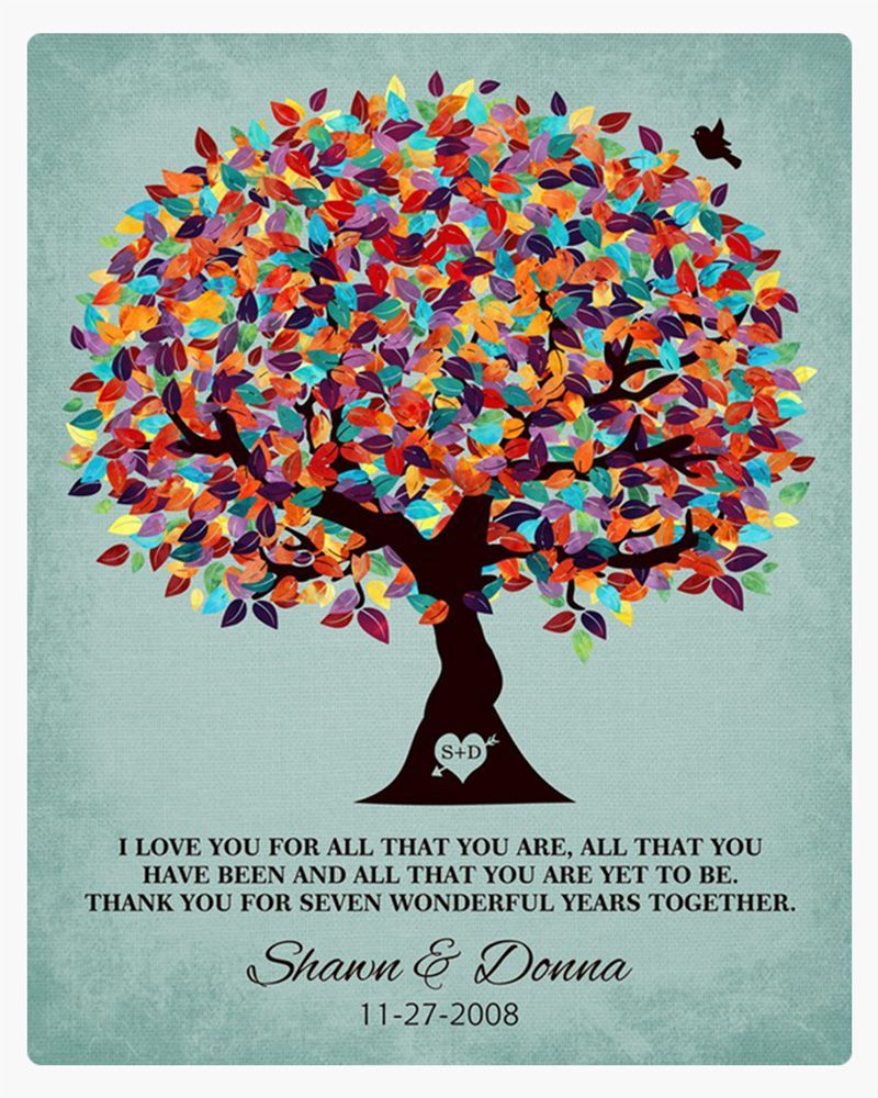 Turquoise Colorful Spring Tree 7th Anniversary Wall Plaque Gift for Couple LTC-1262