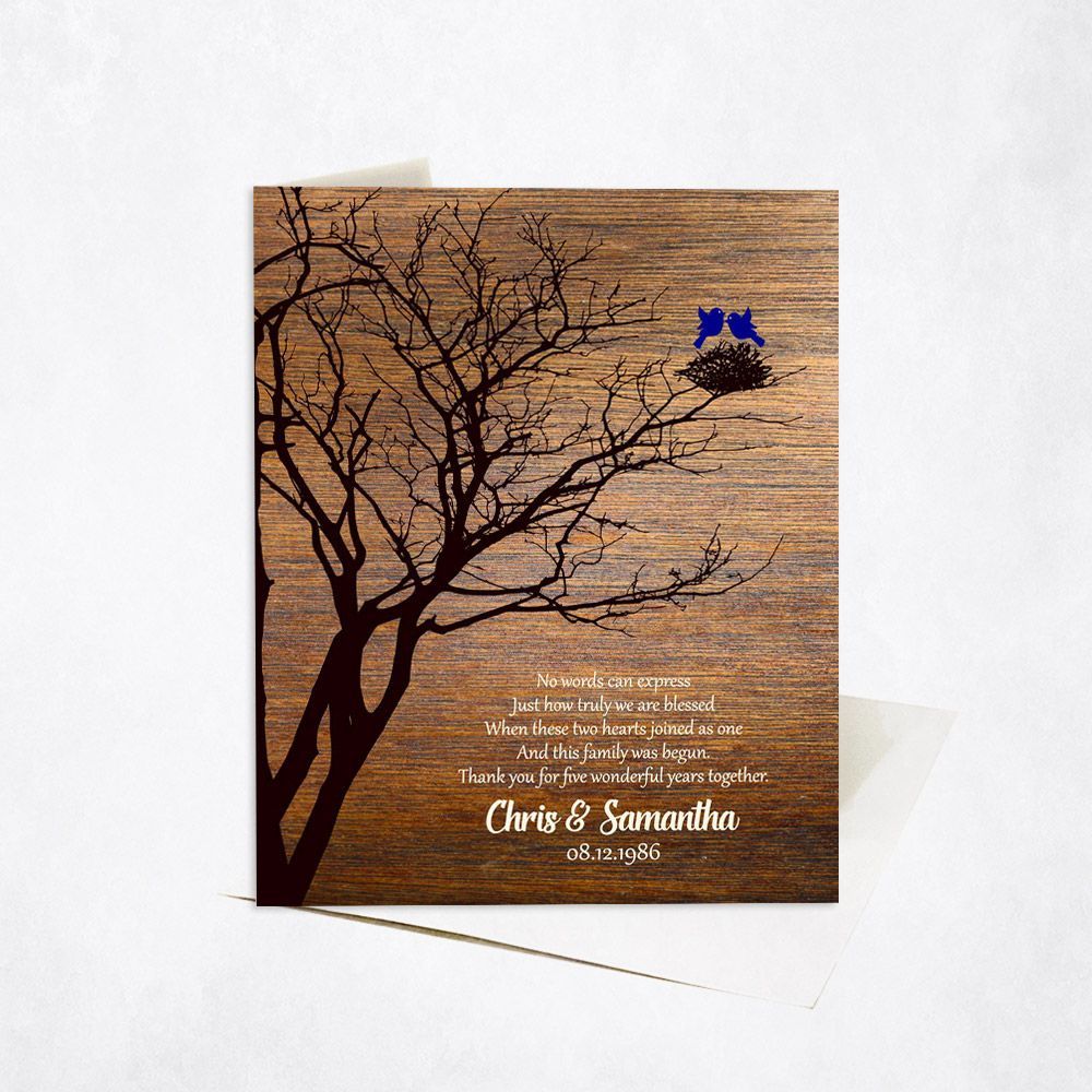 #1 Best Seller - Wood Branchy Tree with Nest 5th Anniversary Card Gift for Couple C-1368