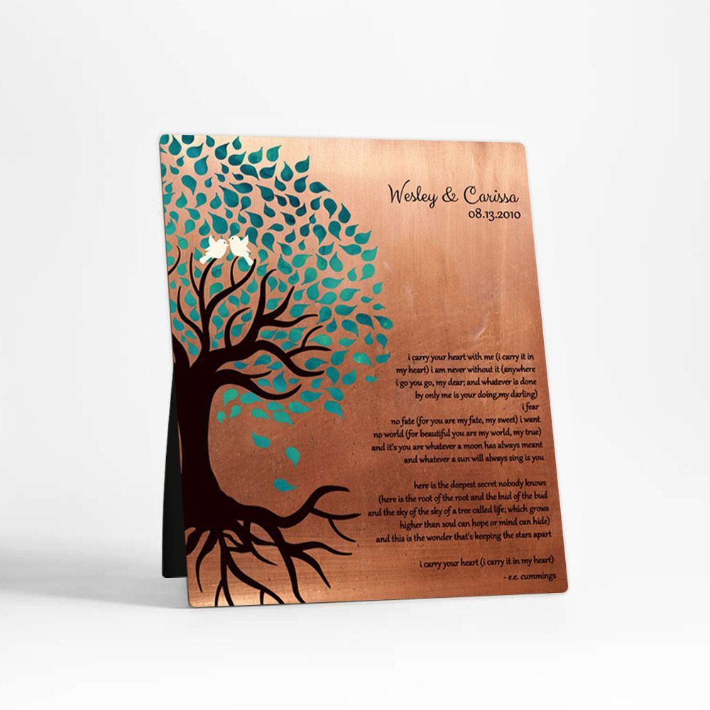 Copper Half Turquoise Tree 7th Anniversary Desktop Plaque Gift for Couple D-1407