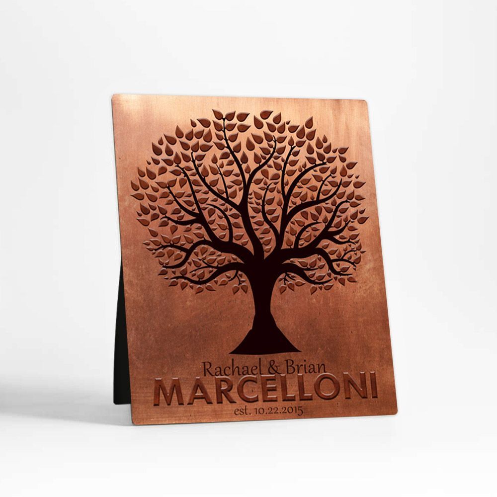 Copper Family Name Tree Silhouette 7th Anniversary Desktop Plaque Gift for Couple D-1181