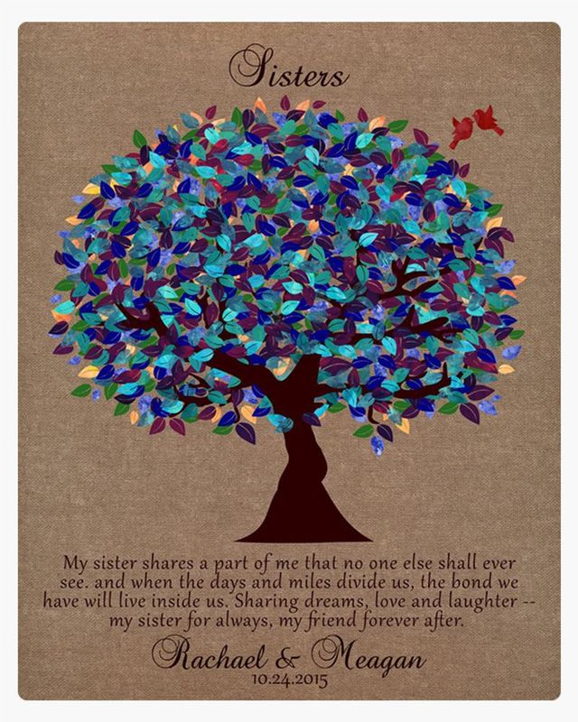 Blue Burlap Peacock Tree Wedding Wall Plaque Gift for Sister LTC-1195