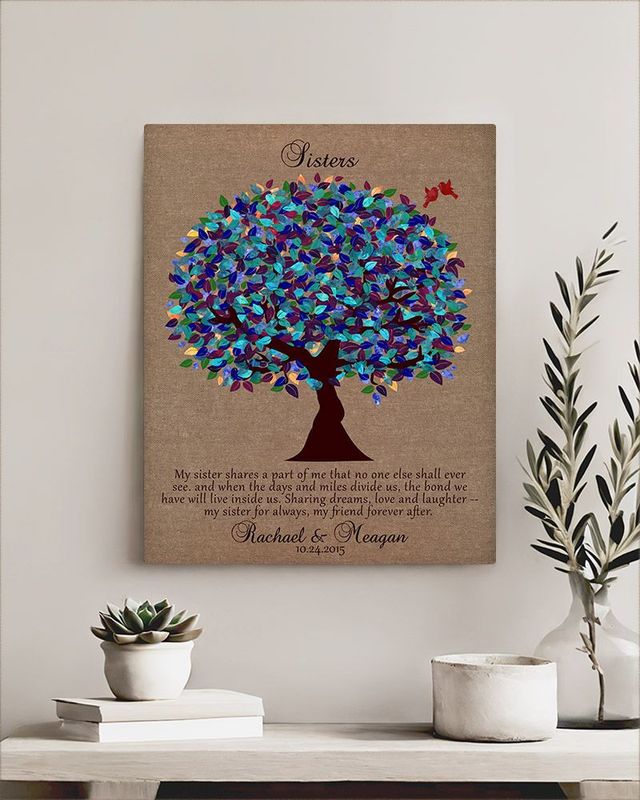 Blue Burlap Peacock Tree Wedding Wall Plaque Gift for Sister LTC-1195