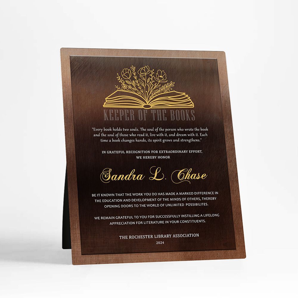Bronze Open Book with Flowers Recognition Desktop Plaque Gift for Librarian D-2105