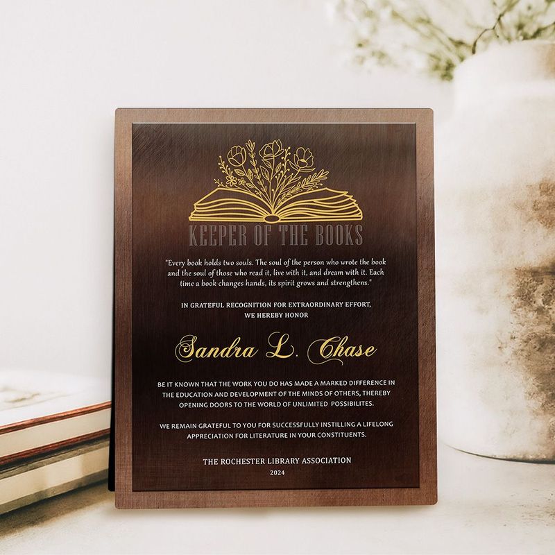 Bronze Open Book with Flowers Recognition Desktop Plaque Gift for Librarian D-2105