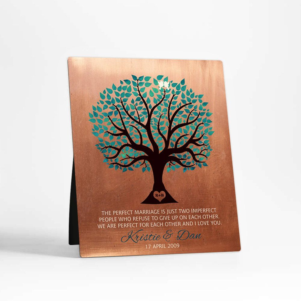 Copper Turquoise Tree 7th Anniversary Desktop Plaque Gift for Couple D-1386