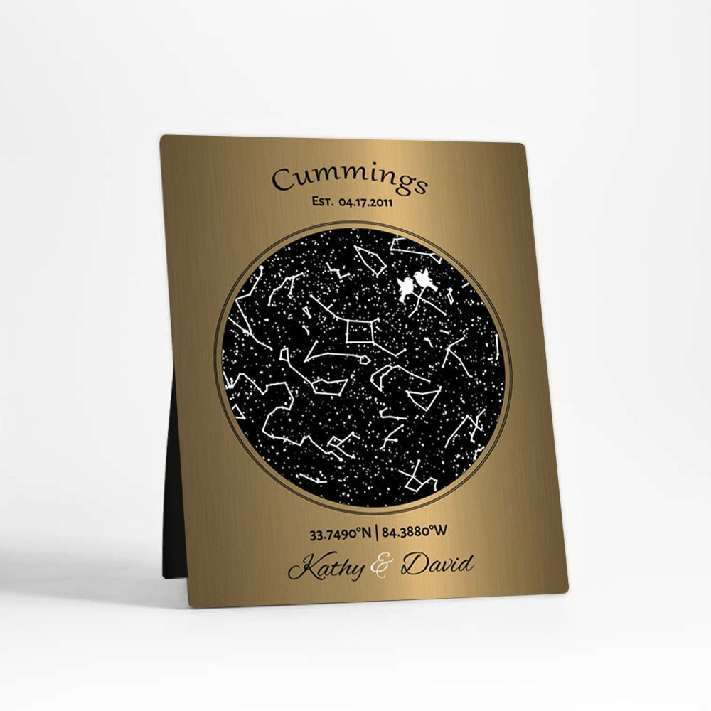 #1 Best Seller - Brass Star Map 8th Anniversary Desktop Plaque Gift for Couple D-1743
