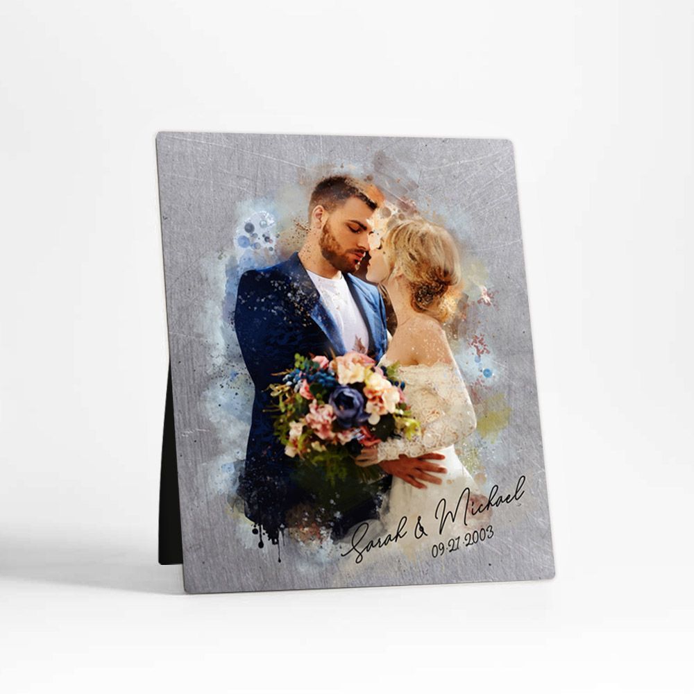 Tin Watercolor Portrait 10th Anniversary Desktop Plaque Gift for Couple D-1836