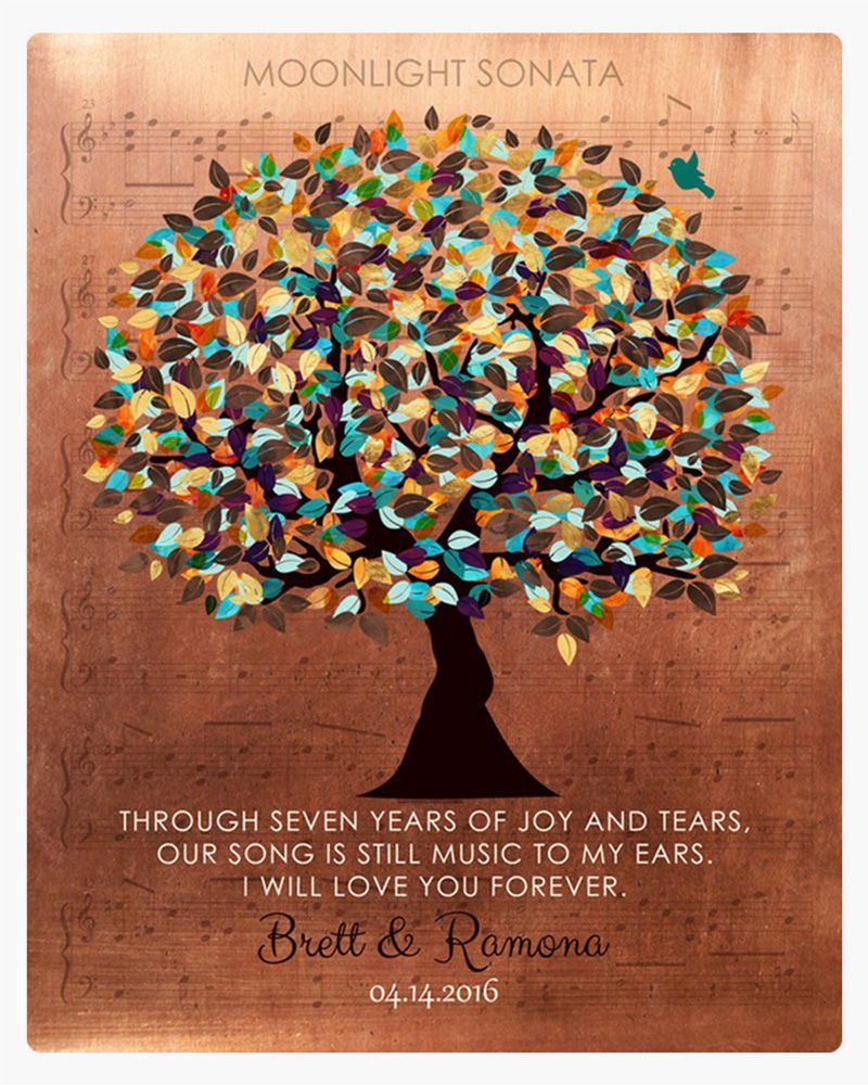 Multicolor Copper Autumn Tree and Sheet Music 7th Anniversary Wall Plaque Gift for Couple LTC-1336