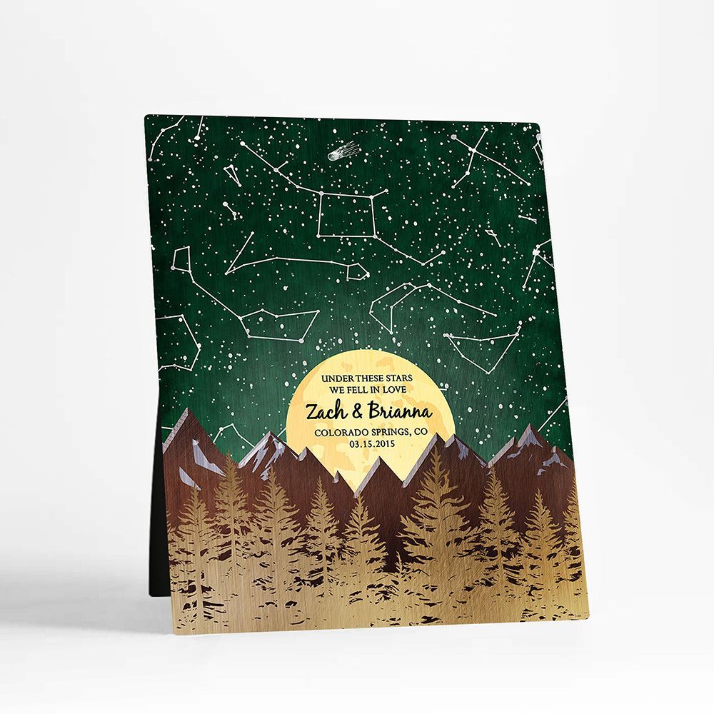 Bronze Mountains Trees Camping Star Map Anniversary Desktop Plaque Gift for Couple D-2172