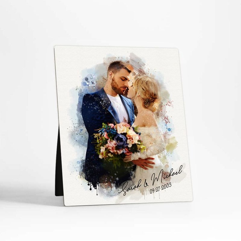 #1 Best Seller - Cotton Watercolor Portrait 2nd Anniversary Desktop Plaque Gift for Couple D-1839