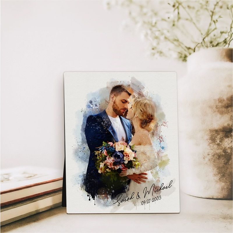 #1 Best Seller - Cotton Watercolor Portrait 2nd Anniversary Desktop Plaque Gift for Couple D-1839