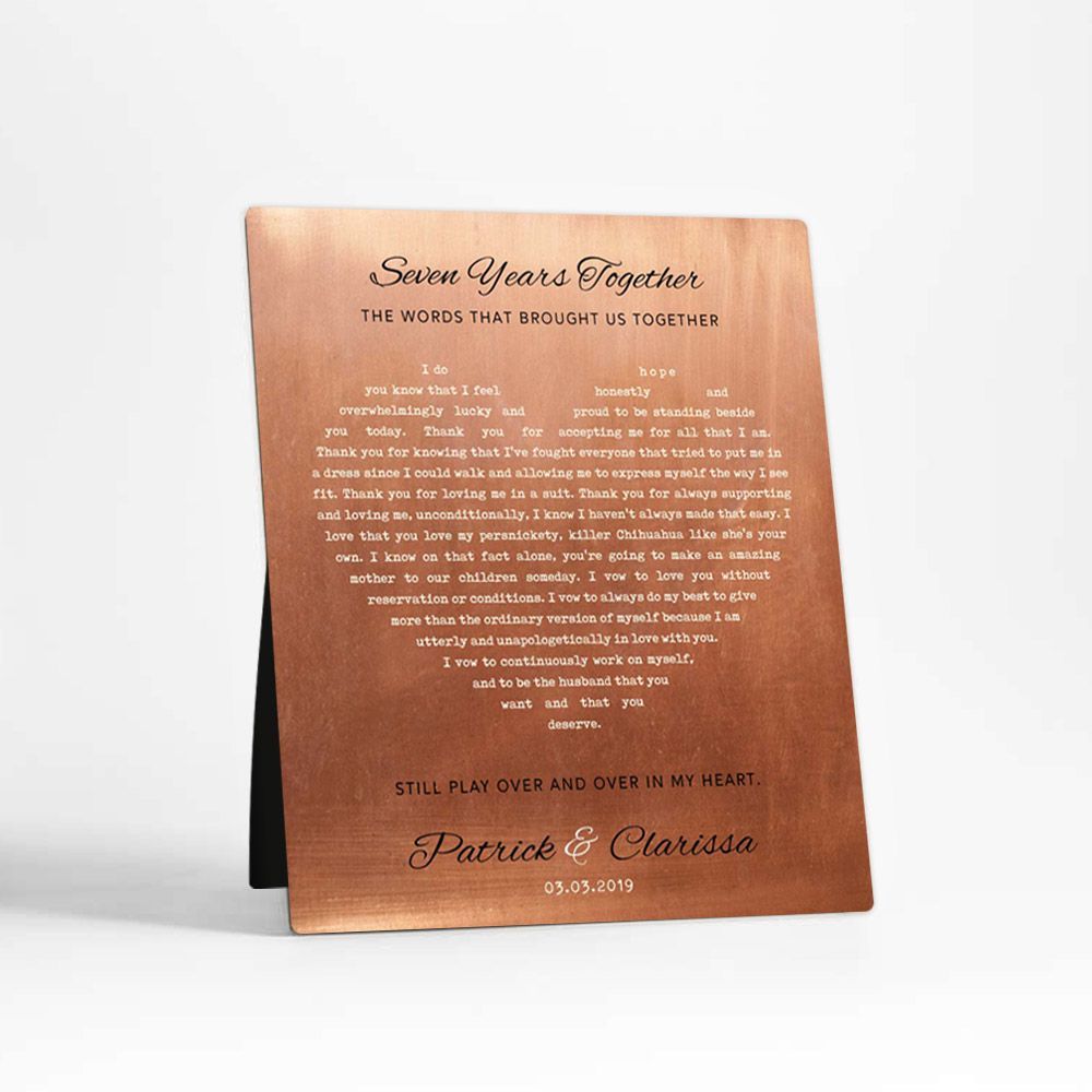 Copper Heart Shape Song Lyrics 7th Anniversary Desktop Plaque Gift for Couple D-1785
