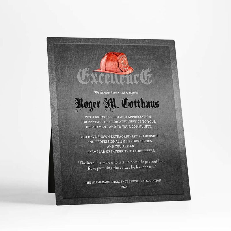 #1 Best Seller - Tin Firefighter Helmet Excellence Retirement Desktop Plaque Gift for Fire Fighters D-2107