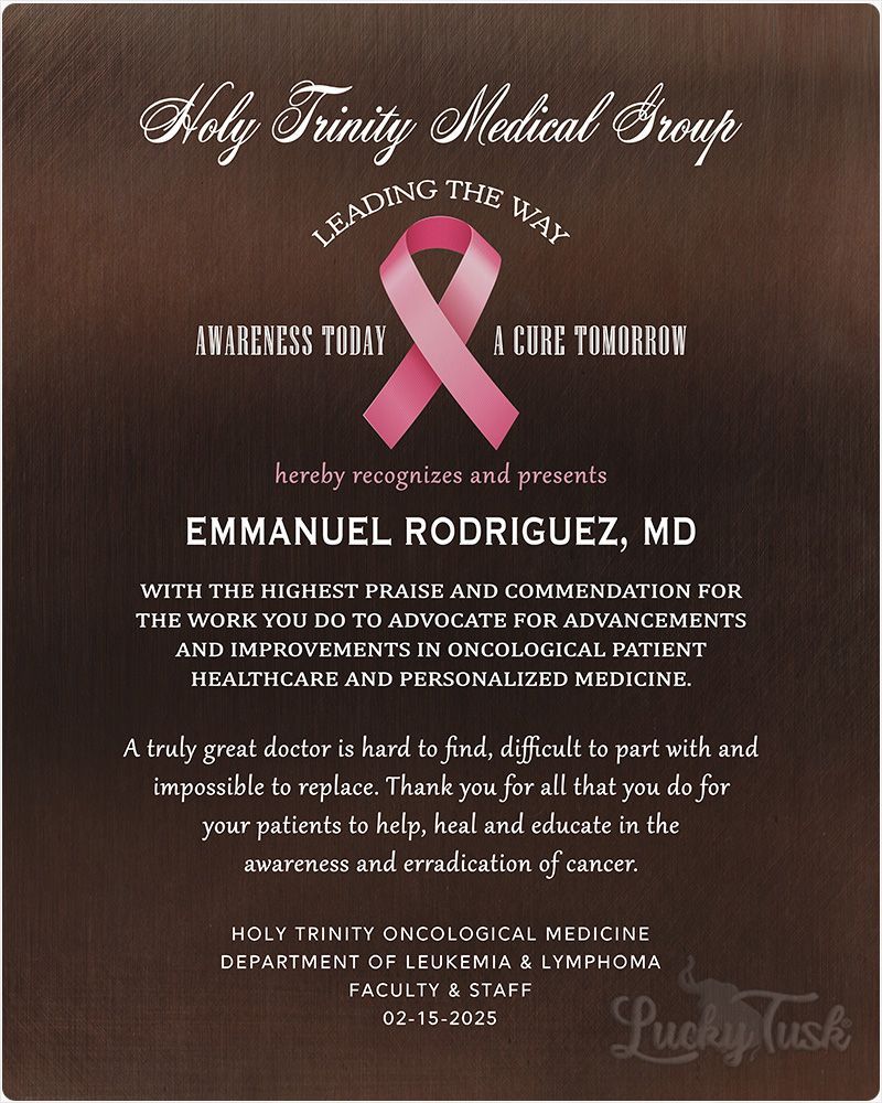 Cancer Awareness Ribbon Recognition Award Any Color Bronze Recognition Wall Plaque Gift for Doctor LTC-2113