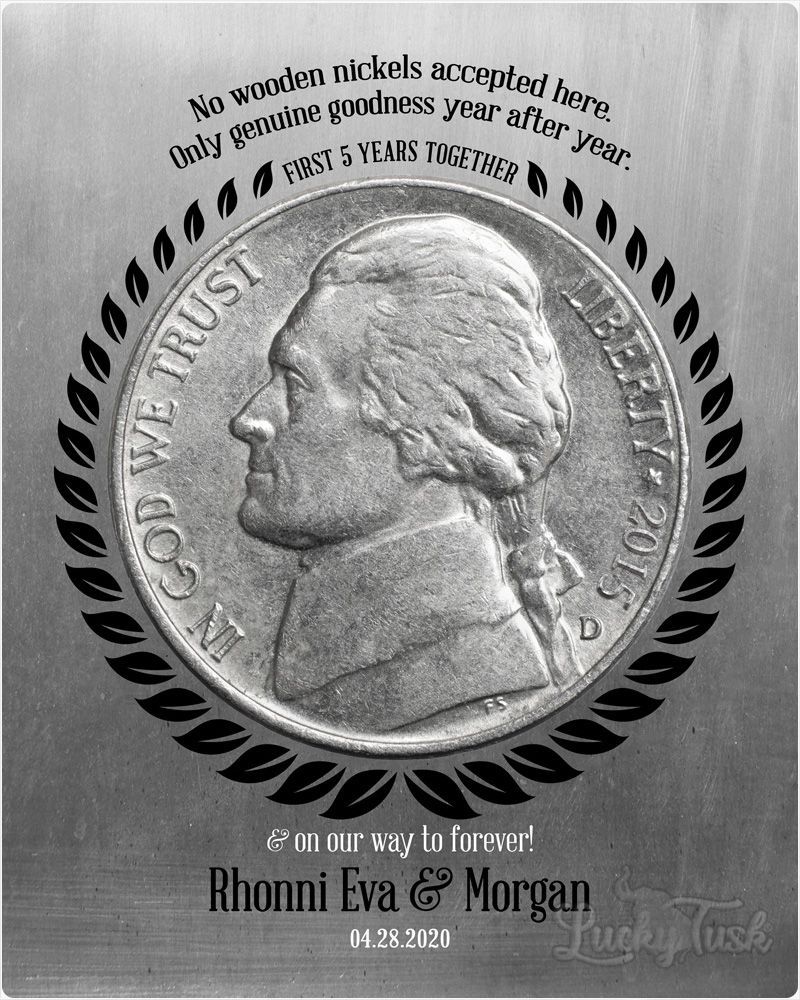 Silver Tin No Wooden Nickels Coin 5 Year Anniversary Wall Plaque Gift for Couple LTC-2141