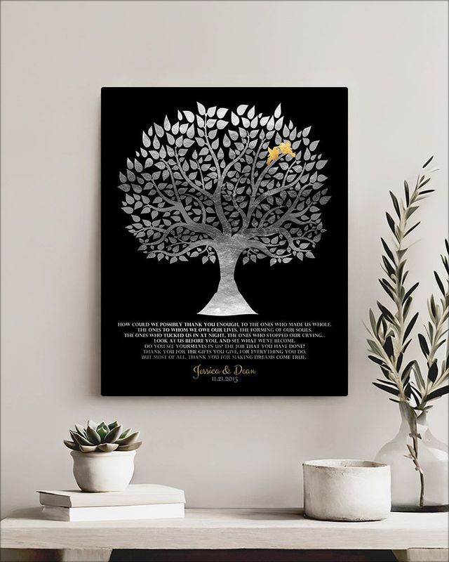 Black Silver Tree Silhouette Wedding Wall Plaque Gift for Parents LTC-1136
