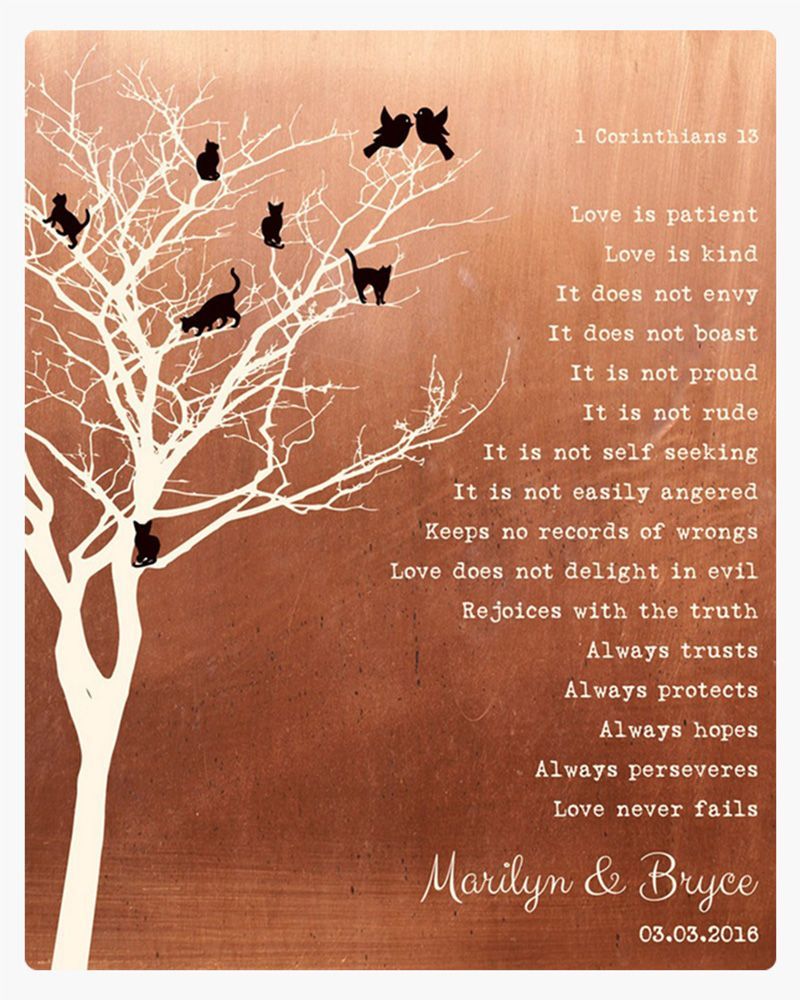 White Copper Branchy Tree with Cats 7th Anniversary Wall Plaque Gift for Couple LTC-1417