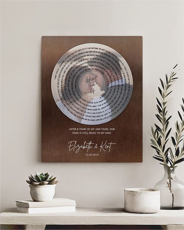 White Bronze Our Song Lyrics Record Label Photo 8th Anniversary Wall Plaque Gift for Couple LTC-2116