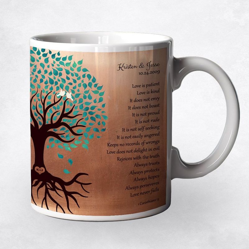 #1 Best Seller - Copper Half Turquoise Tree 7th Anniversary Coffee Mug Gift for Couple M-1410