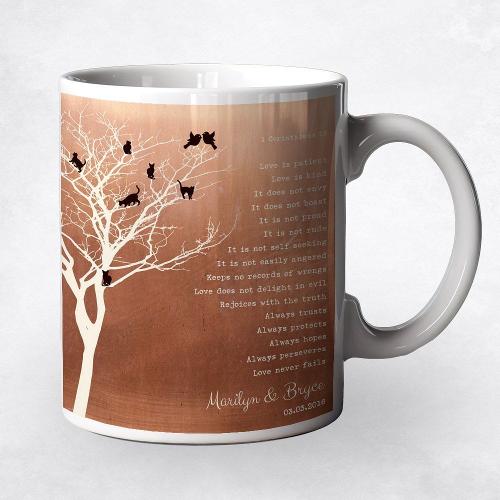 Copper Branchy Tree with Cats 7th Anniversary Coffee Mug Gift for Couple M-1417